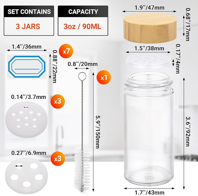 Segarty 3oz Round Spice Containers with Bamboo Shaker Lids, 3 PCS 90ml Spices Jars, Empty Glass Seasonings Organizers for Condiment Herb Storage, Small Salt and Pepper Shakers with 7 Stickers, 1 Brush