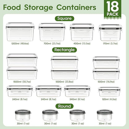 KEMETHY 36-Piece Food Storage Containers with Lids(18 Container & 18 Lid), Plastic Food Containers for Pantry & Kitchen Storage and Organization, BPA-Free, Leak Proof, Reusable with Labels & Pen