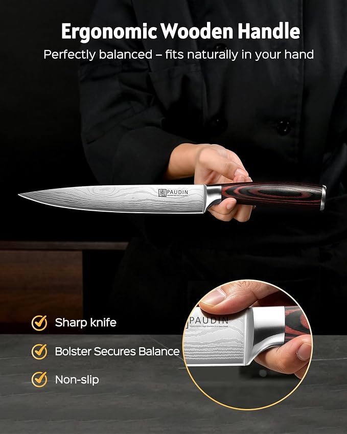 PAUDIN Carving Knife 8 inch, Ultra Sharp Brisket Slicing Knives, Premium Meat Cutting Knives German Stainless Steel, BBQ Knife with Ergonomic Handle, for Slicing Roast, Meats and Vegetables