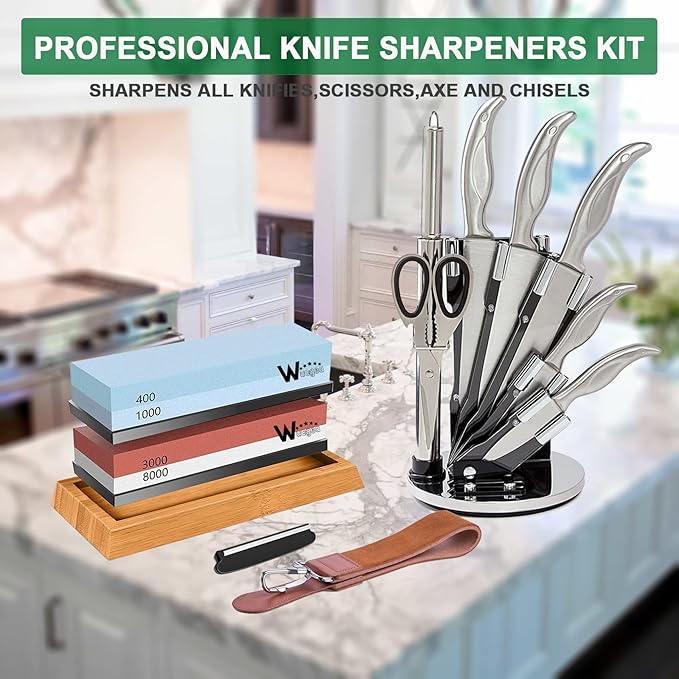 Wucgea Knife Sharpening Stone Kit - 400/1000 3000/8000 Grit Japanese Whetstone Set with Non-Slip Rubber Base, Angle Guide, Flattening Stone and Leather Strop