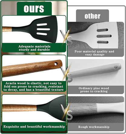 Non-Stick Silicone Cooking Utensils Set with Natural Acacia Hard Wood Handle, 5 Piece, High Heat Resistant (Green)