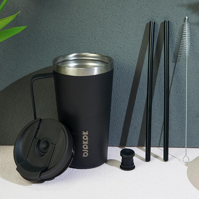 BJPKPK Insulated Tumbler with Handle, 18oz Insulated Tumblers with Lid and Straw, Stainless Steel Metal Water Bottles, Coffee Travel Mugs, Cups, Black