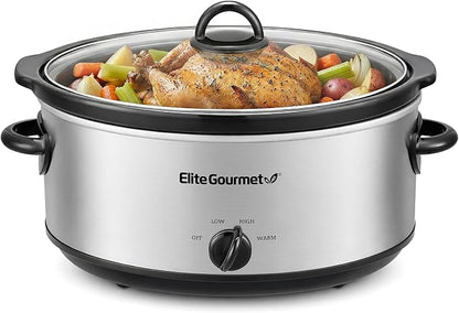 Elite Gourmet MST710 7 Quart Slow Cooker Pot, Removable Stoneware Insert, Tempered Glass Lid, Low/High/Keep Warm Settings, Dishwasher Safe, Cool-Touch Handles, One-Dial Control, Stainless Steel
