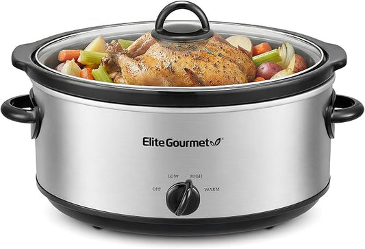 Elite Gourmet MST710 7 Quart Slow Cooker Pot, Removable Stoneware Insert, Tempered Glass Lid, Low/High/Keep Warm Settings, Dishwasher Safe, Cool-Touch Handles, One-Dial Control, Stainless Steel