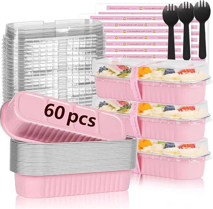 YQER 60 Pack Mini Cake Pans with Lids and Spoons, 6.8 oz Pink Disposable Aluminum Foil Mini Loaf Pans with Stickers, Individual Small Dessert Cake Tins Containers for Baby Showers, Birthdays, Gifts