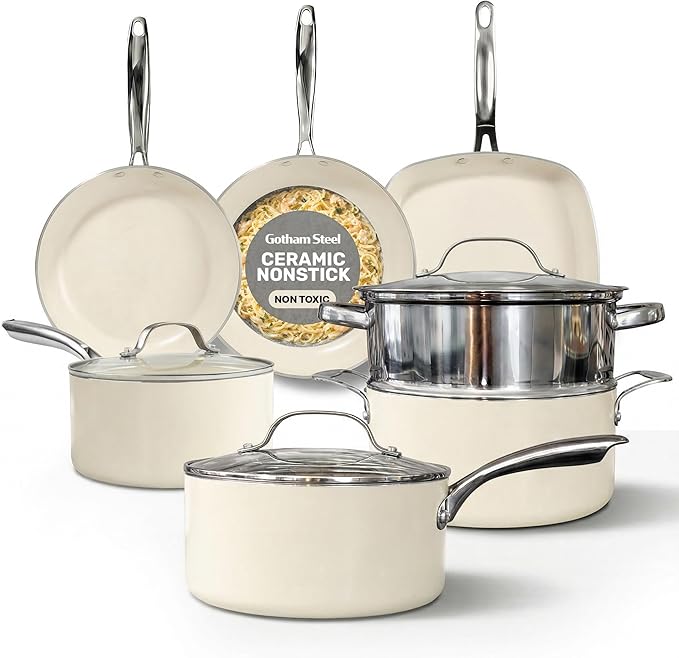 Gotham Steel 12 Pc Ceramic Cookware Set Nonstick, Ceramic Pots and Pans Set Non Stick with Steamer for Cooking, Non Toxic PFOA PFOS Free, Premium Stay Cool Handles, Oven & Dishwasher Safe