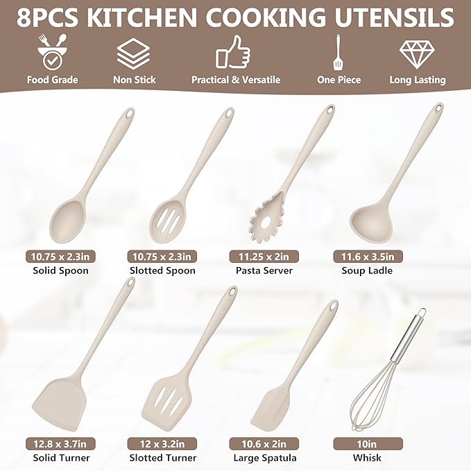 TeamFar Silicone Cooking Utensils Set, 8 PCS Kitchen Utensils Set, 446°F Heat Resistant, Turner, Spatula, Spoon, Whisk, Kitchen Cooking Gadgets Tools for Nonstick Cookware, Dishwasher Safe-Khaki