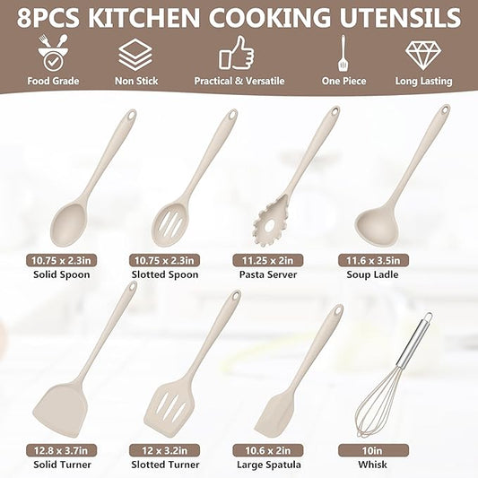 TeamFar Silicone Cooking Utensils Set, 8 PCS Kitchen Utensils Set, 446°F Heat Resistant, Turner, Spatula, Spoon, Whisk, Kitchen Cooking Gadgets Tools for Nonstick Cookware, Dishwasher Safe-Khaki