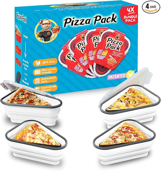 PIZZA PACK The Perfect Reusable Pizza Storage Container with 5 Microwavable Serving Trays - BPA-Free Adjustable Pizza Slice Container to Organize & Save Space, 4 Pack, White