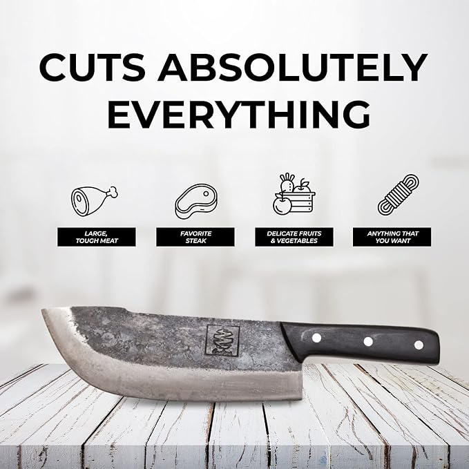 COOLINA Daozi 8" Butcher Knife, Hand-Forged High-Carbon Steel Cleaver for Heavy-Duty Meat Cutting, Slicing, Chopping, Brisket & BBQ, Full-Tang Forged Blade with Ergonomic Wood Handle