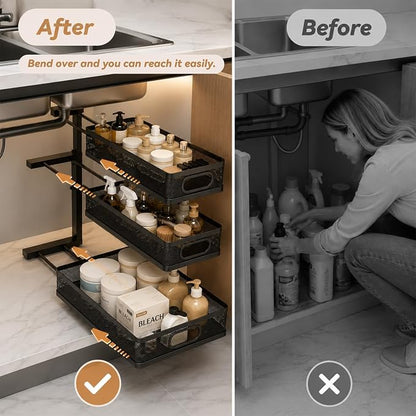 3-Tier Under Sink Organizer 2-Pack, Thickened Metal Pull out Cabinet Shelf, Height Adjustable Slide Out Drawer Storage Rack for Bathroom Kitchen Pantry Laundry Home Office Organization (Black)