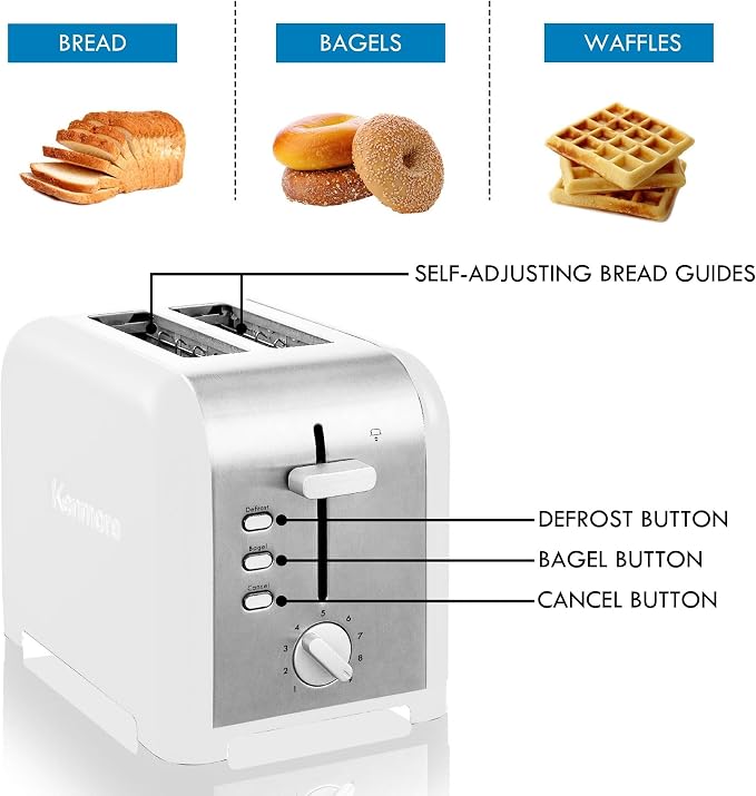 Kenmore 2-Slice Toaster, White Stainless Steel, Extra Wide Slots, Bagel and Defrost Functions, 9 Browning Levels, Removable Crumb Tray, for Bread, Toast, English Muffin, Toaster Strudel