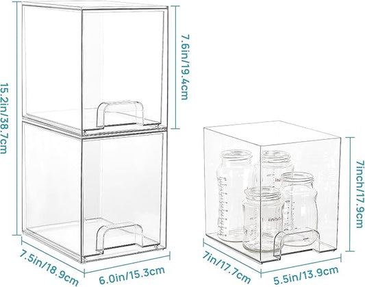 Vtopmart 7.6" H Clear Stackable Storage Drawers, 4 Pack Plastic Organizers Bins for Skincare, Cosmetics,Beauty Supplies,Ideal for Vanity, Bathroom,Kitchen Countertop,Cabinet Organization