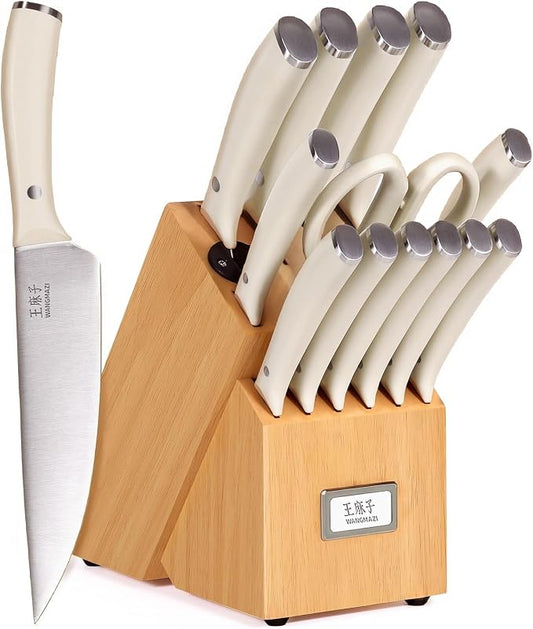 WANGMAZI Knife Block Set, 15 Pcs High Carbon Stainless Steel Knife Set, Dishwasher Safe Cutlery, Kitchen Knife Set with Blades, Ideal Home Cooking Gift for Women, Natural