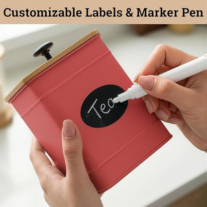 Kitchen Canisters for Countertop Set of 4 with Customizable Chalkboard Labels & Marker Pen - Big Iron Kitchen Canister Set with Airtight Lids - Red Canisters - Sugar Tea Coffee Containers Sets
