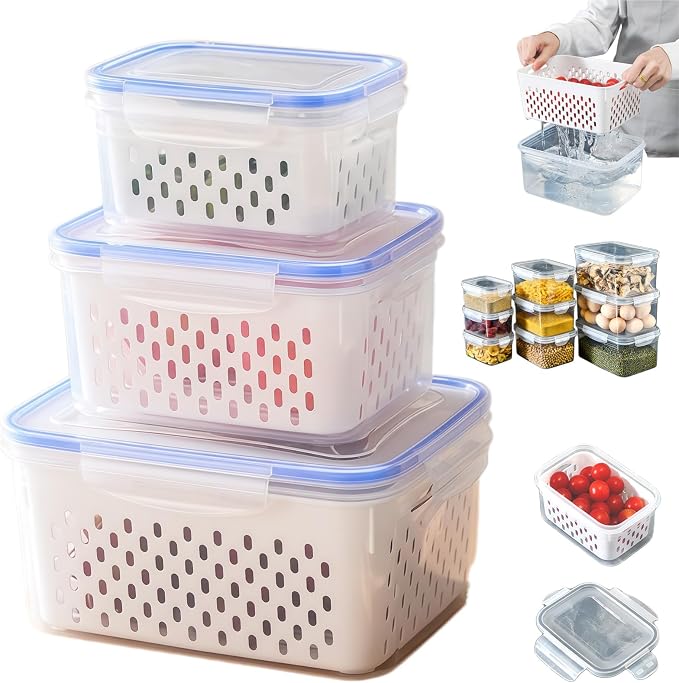 4 in 1 Food Storage Containers with Lids, Food Storage Containers With Lids Airtight, With Removable Colander, For Fruits & Vegetables, Easy to Soak, Clean, Drain and Store (Blue, S+M+L)