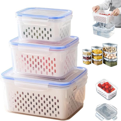 4 in 1 Food Storage Containers with Lids, Food Storage Containers With Lids Airtight, With Removable Colander, For Fruits & Vegetables, Easy to Soak, Clean, Drain and Store (Blue, S+M+L)