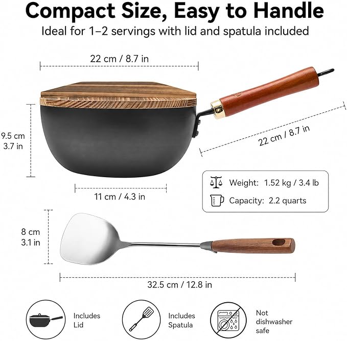 WANGYUANJI 8.7-Inch Carbon Steel Mini Wok, Flat Bottom Small Stir Fry Pan for 1–2 Servings, Uncoated Textured Wok for Gas, Electric, Ceramic & Induction Stoves, with Lid & Spatula
