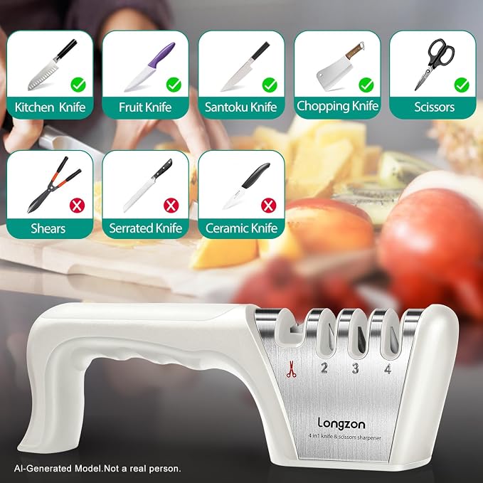 Longzon 5-in-1 Knife Sharpener 4 Stage with Cut-Resistant Glove, Quickly Sharpens & Restores Dull Blades, Easy & Safe for Home Kitchen Use, Fits Most Knives and Scissors, Off-white