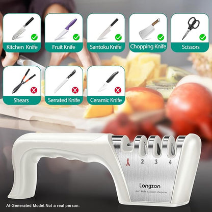 Longzon 5-in-1 Knife Sharpener 4 Stage with Cut-Resistant Glove, Quickly Sharpens & Restores Dull Blades, Easy & Safe for Home Kitchen Use, Fits Most Knives and Scissors, Off-white