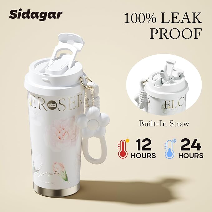 Insulated Travel Coffee Mug,18 oz Stainless Steel Coffee Tumbler with Flip Straw, Double Wall Thermal Cup with Leak Proof Lid,Reusable Ceramic Water Bottle for Office,White