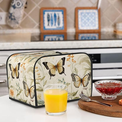 Butterfly Flower Vintage 4 Slice Toaster Cover, Dustproof, Waterproof, Polyester, Wide Slot, Fingerprint Protection, Kitchen Appliance Cover