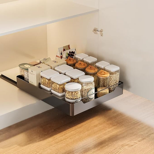 Pull Out Cabinet Organizer, Slide Out Pantry Shelves with Nylon Adhesive, Heavy Duty Sliding Drawer Pantry Shelf for Pantry Kitchen Home Bathroom Under Sink