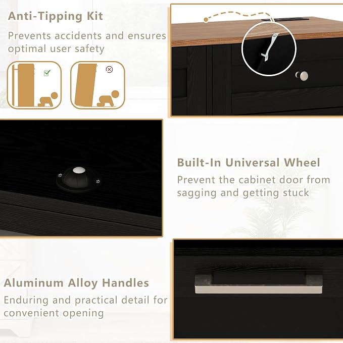 Giantex Kitchen Island with Tilt Out Trash Can Cabinet 10 Gallon, Power Outlet, 2 Drawers, Adjustable Shelves, Hidden Storage Garbage Bin Cabinet for Dining Room Laundry Room (Black+Walnut)