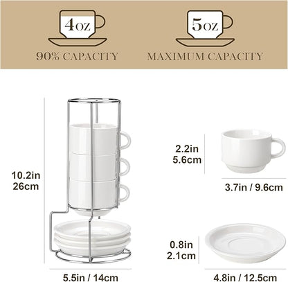 MALACASA 4 OZ Porcelain Espresso Cups with Saucers and Metal Stand Set of 4, Stackable Cappuccino Cups, White Expresso Shots Cup Set for Coffee Drinks, Latte, Tea