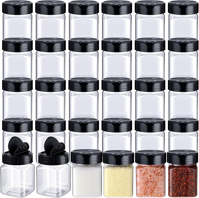 Mimorou 30 Pack Plastic Spice Jars with Shaker Lids Clear Seasoning Containers Spice Bottles for Kitchen Storing Spice Herbs Seasoning Powders(Square,6.1 oz)