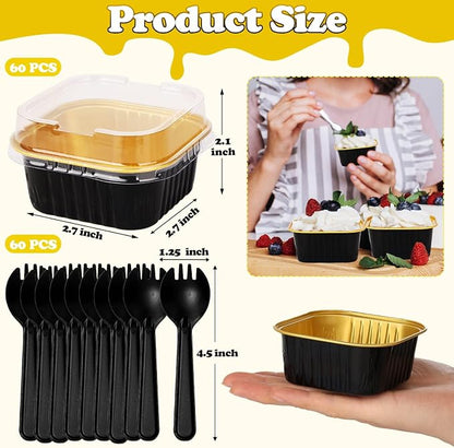 selizo 60 Pack 5oz Mini Disposable Cake Pans with Lids, Aluminum Foil Square Baking Cups, 3.5x3.5 Small Baking Cake Tins Cup Cake Containers with Lids for Individual Cakes, Black