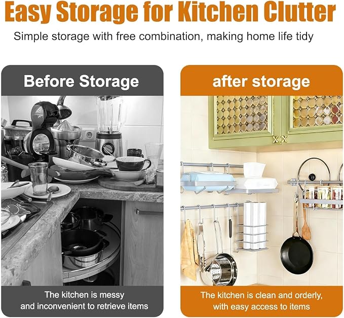 Kitchen Utensil Hanger & Spice Rack with Towel Rack Holder, 3 Sets Space-Saving Kitchen Wall Mount Shelf Storage Organizer with Hooks for Pantry, Countertop, Bathroom