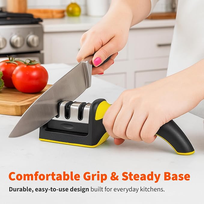 IMUSA Knife Sharpener – Kitchen Knife Sharpener with 3-Stage Stainless Steel Blade Sharpener Design – Easy to Use, Ergonomic Manual Knife Sharpening Kit with Non-Slip Base (Yellow)