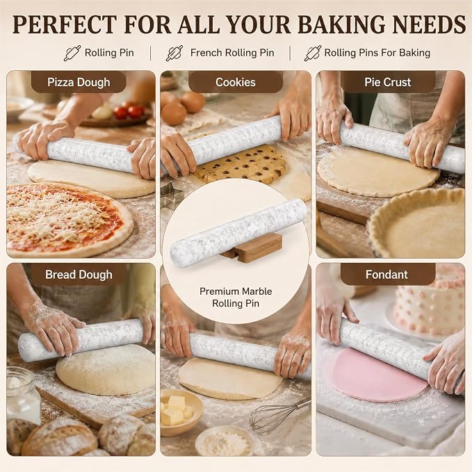 Marble French Rolling Pin for Baking, FiiMan 12 Inch Marble Rolling Pins with Wooden Stand, Heavy Stone French Polished Non-Stick Roller Pins For Baking Cookie Pizza Pastr (White)