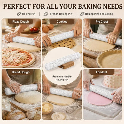 Marble French Rolling Pin for Baking, FiiMan 12 Inch Marble Rolling Pins with Wooden Stand, Heavy Stone French Polished Non-Stick Roller Pins For Baking Cookie Pizza Pastr (White)