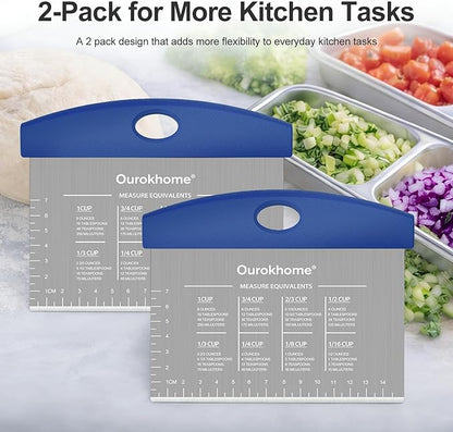 Ourokhome 2 Pack Bench Scraper Dough Cutter, Stainless Steel Dough Scraper with Laser-Etched Scale, Conversion Chart, Non-Slip Handle, Dishwasher Safe for Bread & Pastry, Blue