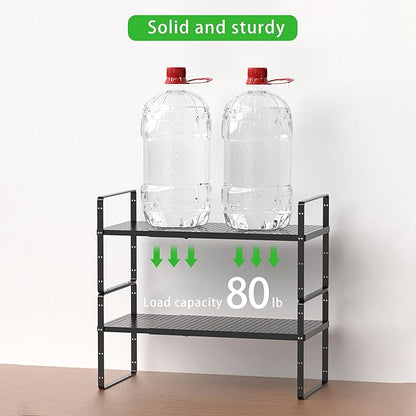 Expandable Cabinet Organizer Shelf - Adjustable Width (16.5”-27.1”), Stackable, Heavy Duty 80 lbs, for Kitchen Pantry, Countertop, Office, Spice Rack - Black, Large Size, 1 Pack
