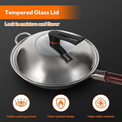 14 Inch Carbon Steel Wok with Lid, Round Bottom Wok Pan, Blue Pre-Seasoned Chinese Stir Fry Pan for Open Flame Cooking, Large Traditional Pow Wok for BBQ, Grill, Camping, Home Cooking