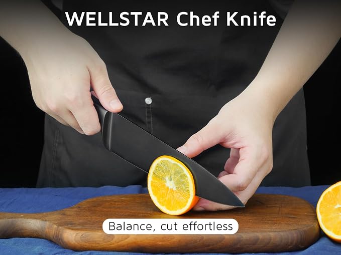 WELLSTAR Chef Knife with Sheath, Sharp Kitchen Knife 8 inch Black Cooking Knives with German HC Steel