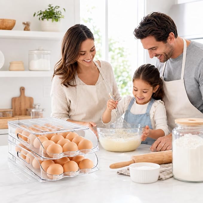 SMRCAD Egg Holder for Fridge, Automatic Steady Rolling Egg Dispenser with Silicone Bumpers & Handle for Refrigerator, Large Capacity Egg Organizer with Lid