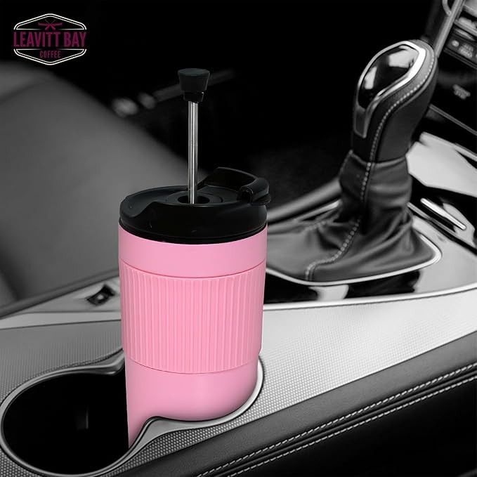 Portable French Press Travel Mug – Insulated Stainless Steel French Press Mug for Hot or Cold Brew – Durable Travel Coffee Maker – On-the-Go Tea & Coffee Maker (Pink)