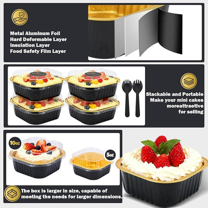 20 Pack 10oz Mini Cake Pans With Lids, Aluminum Foil Square Brownie Baking Cups,Disposable 4”x4” Large Cupcake Pan,Jumbo Muffin Tin Ramekins Holders-Black&Gold
