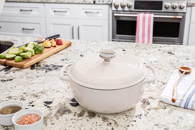 Lodge Essential Enamel Cast Iron Dutch Oven with Lid 7.5 Quart - Induction- Oven-Safe Enamel Cookware up to 500° F - Heat-Retaining Braising & Roasting Pot - Non-Toxic Cookware - Oyster White