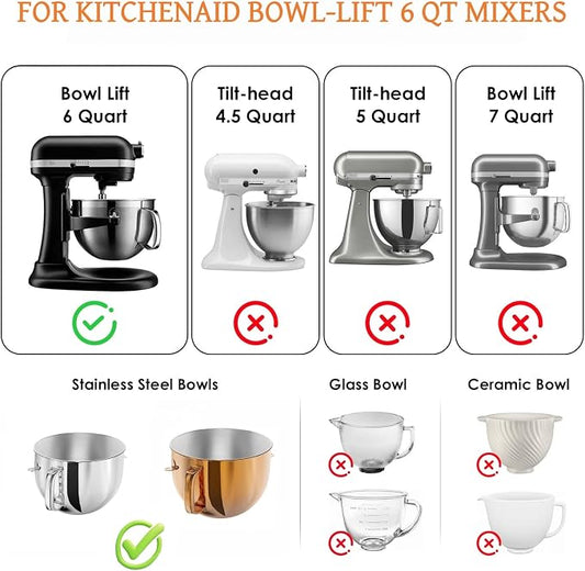 Silicone Bowl Liners for KitchenAid 6 Qt Bowl-Lift Mixer, Silicone Bowl Insert for KitchenAid 6 Quart Mixer, Included 3 Liners with 3 Lids (For 6 Qt Bowl-lift)