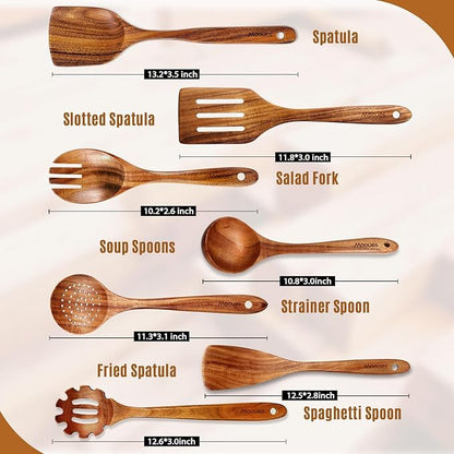 Mooues Wooden Spoons for Cooking, Wooden Utensils for Cooking Natural Teak Wooden Kitchen Utensils Set Comfort Grip (7 PCS SET)