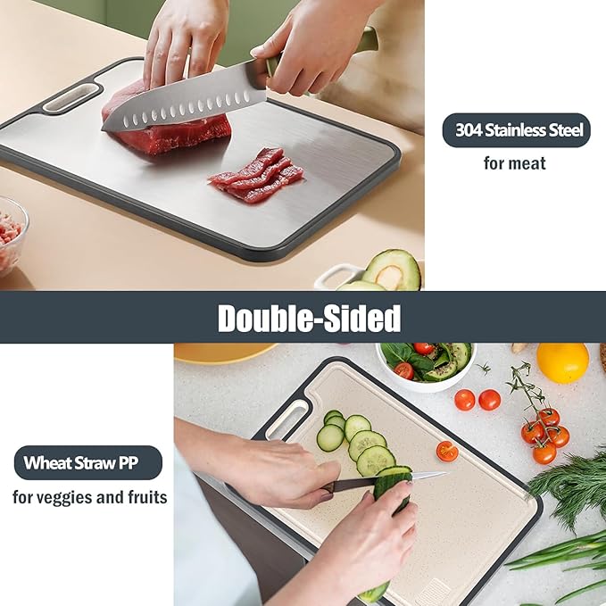 Stainless Steel Cutting Boards for Kitchen,304 Stainless and Wheat Straw PP Double Sided Cutting Board,Non slip Easy to Clean Kitchen Chopping Board,Dishwasher Safe(16 * 11 In)