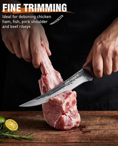 Naitesen 3PCS Hand Forged Butcher Knife Set - 15° Razor Sharp 6.5" Serbian Chef Knife, 8.5" Meat Slicer & 6.5" Boning Knife for Meat Cutting Kitchen Cooking BBQ - Gold-Stamped Gift Box