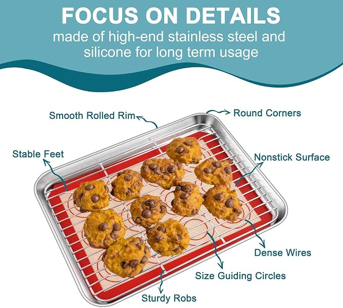 TeamFar Toaster Oven Tray, 10.5inch Stainless Steel Baking Sheet Pans Cookie Sheets for Baking with Cooling Rack & Silicone Baking Mat, 2 Pans + 2 Racks + 2 Silicone Mats, Non Toxic, Easy Clean