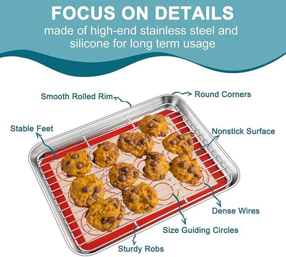 TeamFar Toaster Oven Tray, 10.5inch Stainless Steel Baking Sheet Pans Cookie Sheets for Baking with Cooling Rack & Silicone Baking Mat, 2 Pans + 2 Racks + 2 Silicone Mats, Non Toxic, Easy Clean