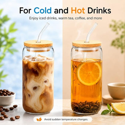 Glass Cups with Lids and Straws Set of 16, 16 oz Can Glasses with Bamboo Lids and Glass Straws, Iced Coffee Cups for Beer, Tea, Soda, Summer Hosting, Parties, Family Gatherings and Coffee Bar